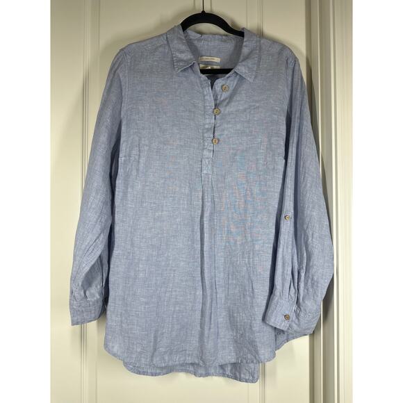 Cynthia Rowley 100% Linen Long Roll Tab Sleeves Light Blue Tunic Blouse Top 1X - Picture 3 of 16